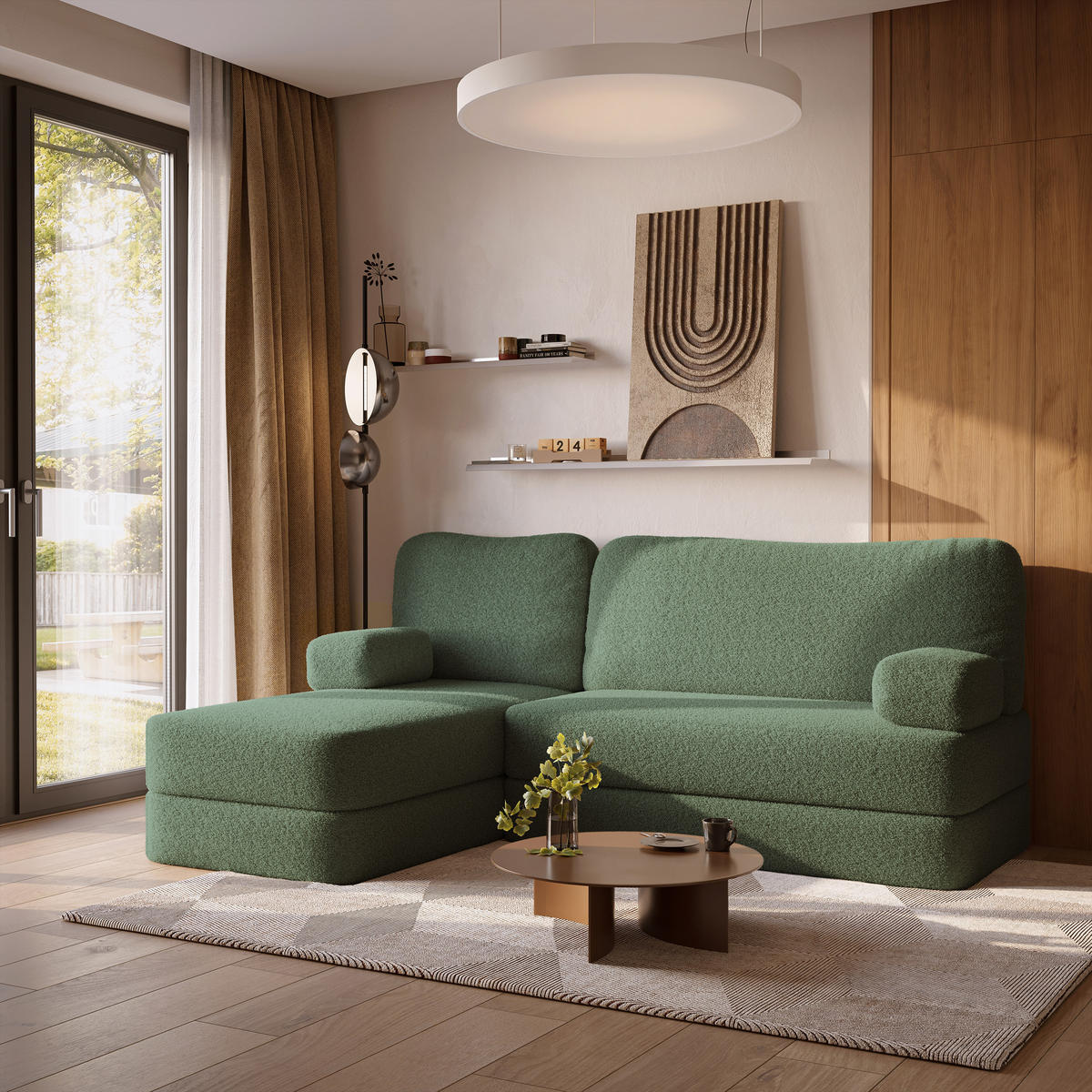 ECKSOFA SABI modulares Boneless Sofa mit Schlaffunktion Grün Boucle-Stoff - Grün, Textil (200/120cm) - MASSENO