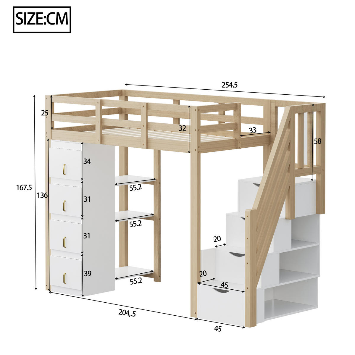 HOCHBETT 90/200 cm aus Massivholz mit Stauraumschubladen und Regal - Weiß, Holz (90/200cm) - OKWISH