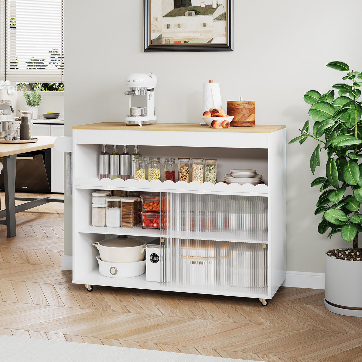 KÜCHENINSEL 122 cm MDF Weiß Natur mit Eichenoptik Platte und Glasschiebetüren - Weiß, Holzwerkstoff (46/91/122cm) - Korfee