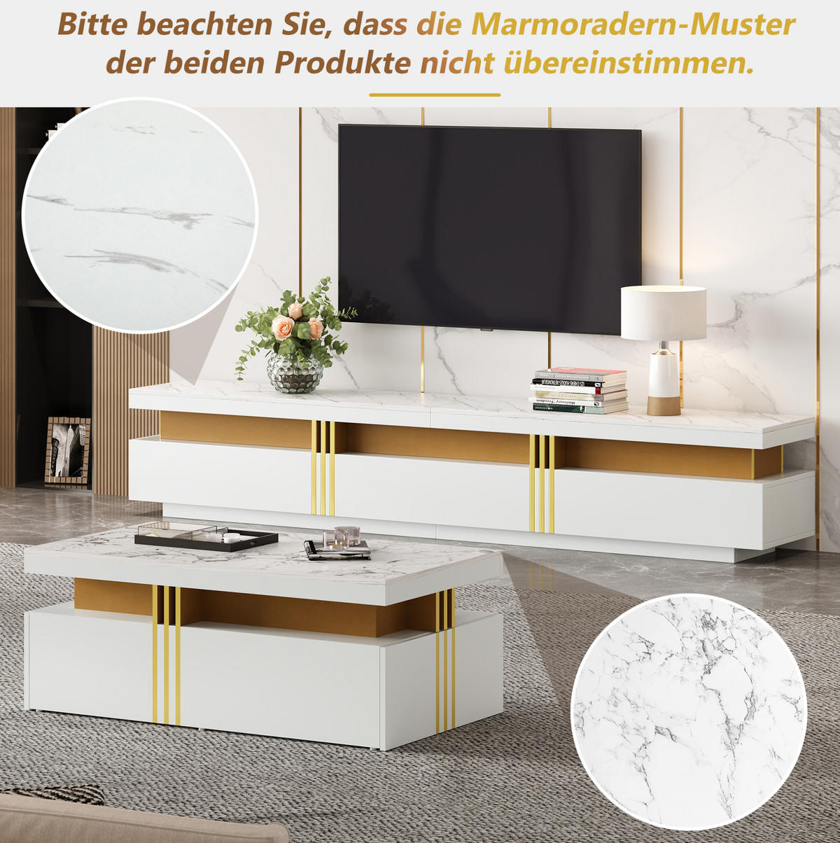 TV-ELEMENT aus Spanplatte, TV-Schrank 200x40x42 cm und Couchtisch 100x50x40 cm, Weiß, mit Schubladen und Marmor-Optik - Weiß, Holzwerkstoff (200/42/40cm) - Modfu
