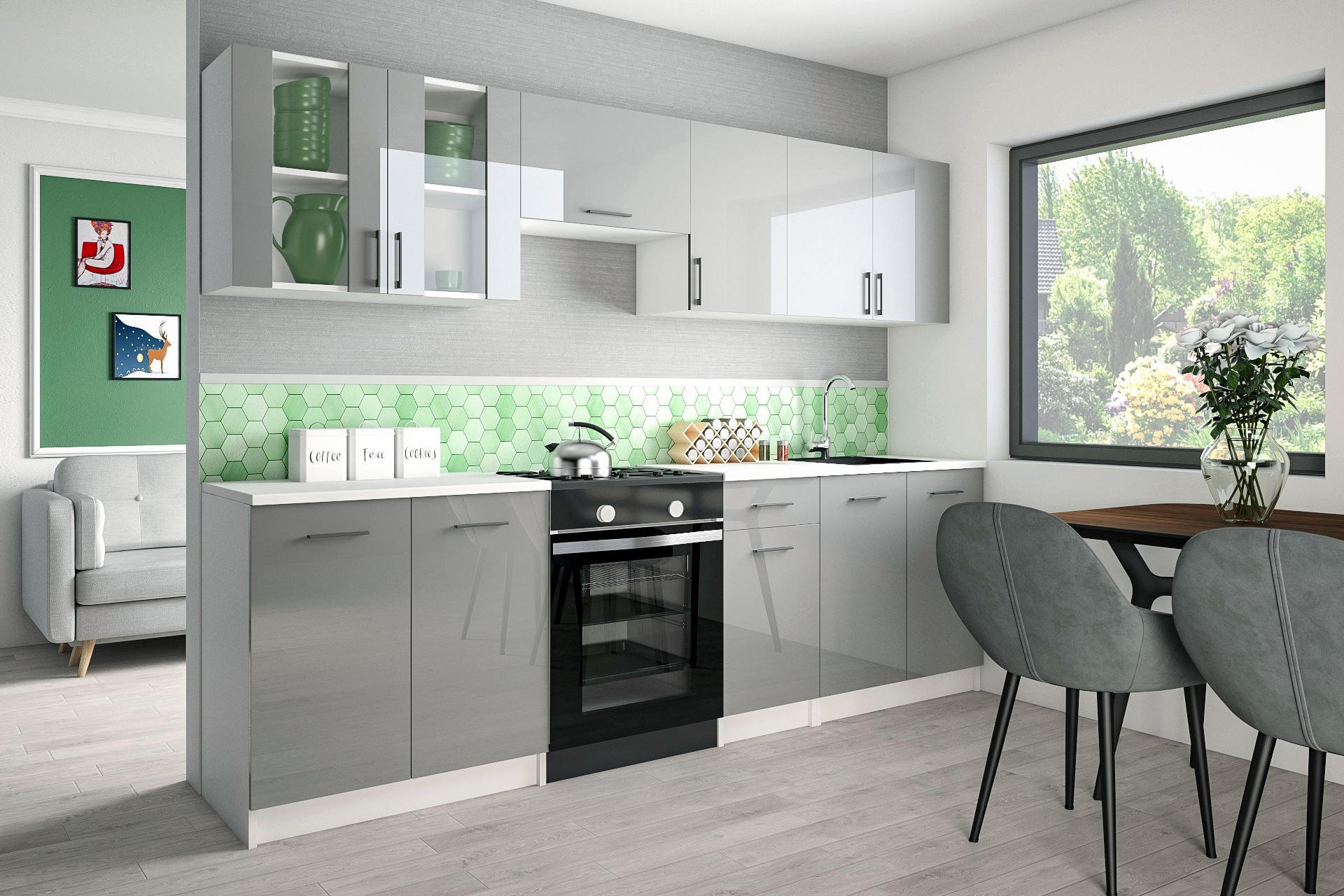 KÜCHENZEILE LECO 260 grau glanz - Grau, Holzwerkstoff (260/82/46cm) - roe furniture