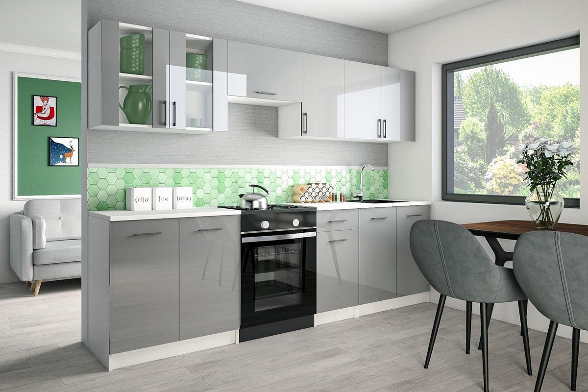 KÜCHENZEILE LECO 260 grau glanz - Grau, Holzwerkstoff (260/82/46cm) - roe furniture