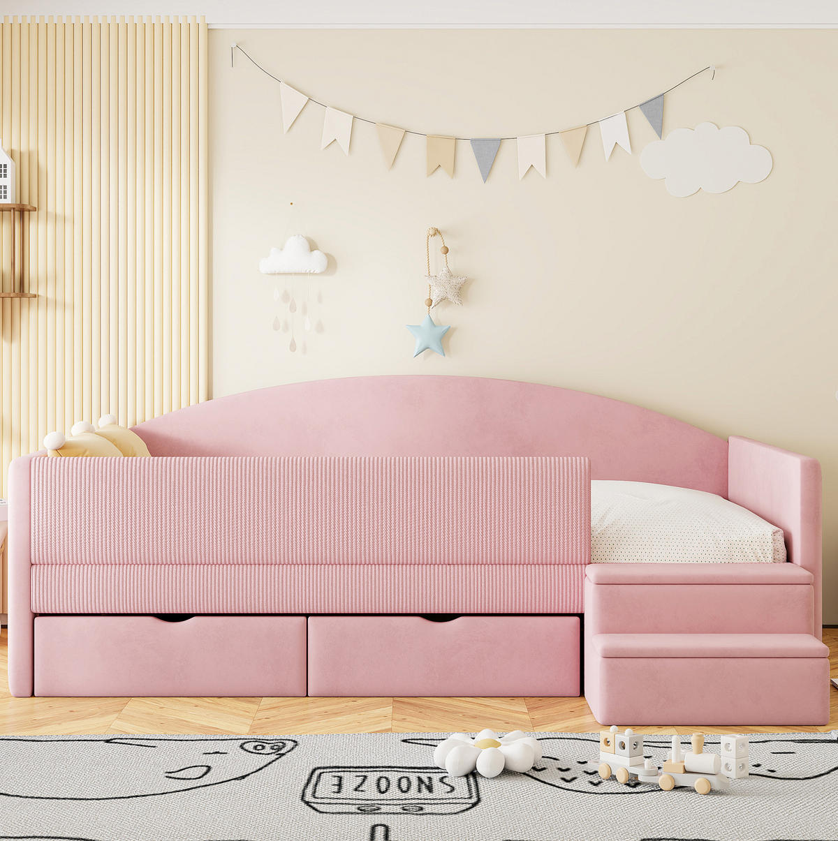 ČALOUNĚNÁ postel, 90/190 cm, růžový samet, se schůdky a 2 zásuvkami - růžová, textil (90/190cm) - Modenvie