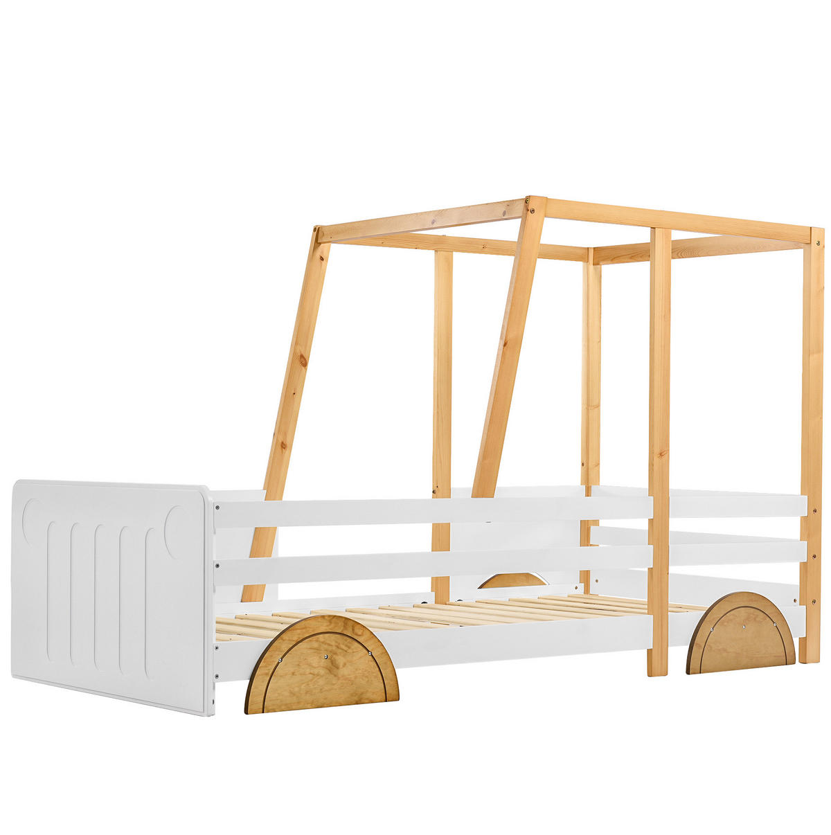 KINDERBETT 90/200 cm in Autoform mit Rundum-Schutz und MDF-Rädern, Weiß/Natur - Weiß, Holz (90/200cm) - Redom