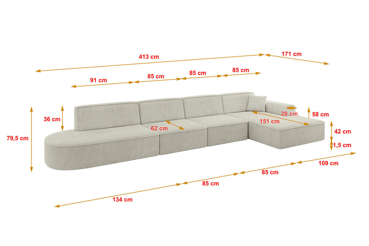 ECKSOFA Ottomane Rechts IREA-L3-v3 - 413x171x79 cm Hellgrau - Ecru, Holzwerkstoff/Textil (171/413cm) - ALTDECOR