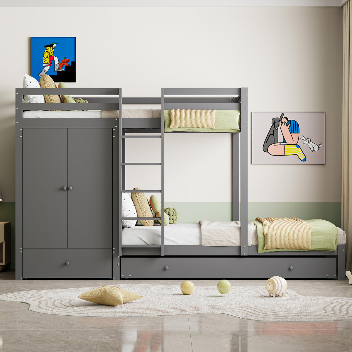 ETAGENBETT aus Kiefernholz, MDF und Sperrholz 90x200 cm Grau mit Ausziehbett, Kleiderschrank und Schubladen - Grau, Holz (90/200cm) - IVMEU