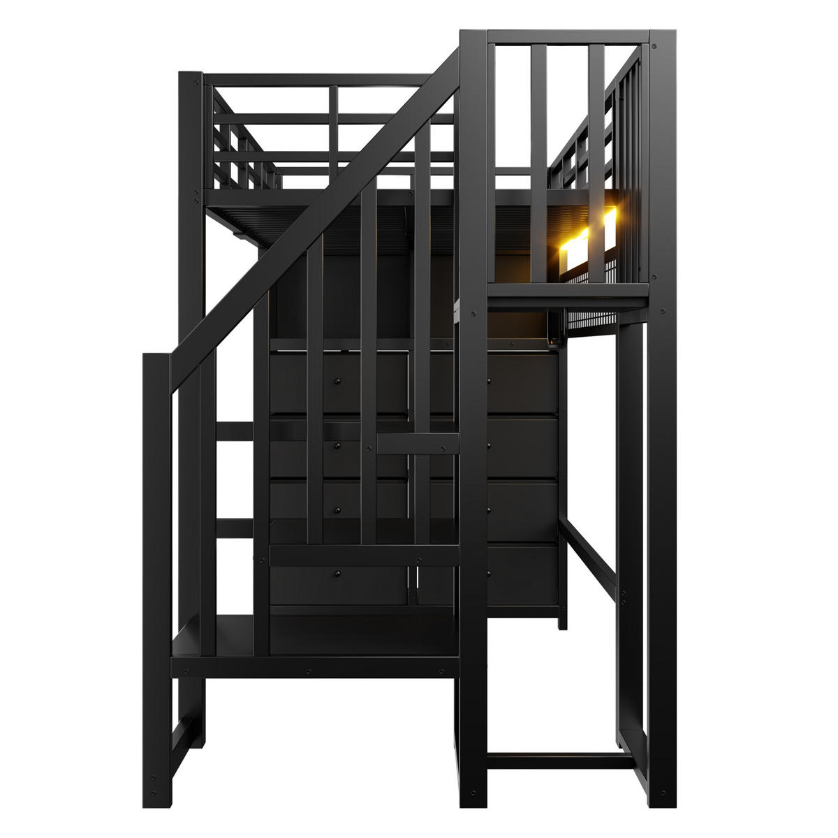 HOCHBETT aus Metall und MDF 90x200 cm Schwarz mit 8 Schubladen, Stauraumtreppe und LED-Beleuchtung - Schwarz, Holzwerkstoff (90/200cm) - IVMEU