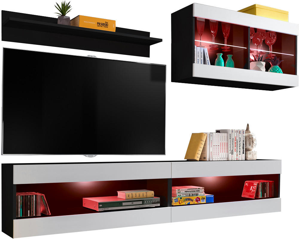 WOHNWAND 4-er Set, TIVOLI SET6 mit mehrfarbige LED RGB Beleuchtung Schwarz + Weiß, Offener Raum - Eiche Wotan/Weiß, Glas/Holzwerkstoff (240/195/35cm) - Komodee