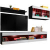 WOHNWAND 4-er Set, TIVOLI SET6 mit mehrfarbige LED RGB Beleuchtung Schwarz + Weiß, Offener Raum - Eiche Wotan/Weiß, Glas/Holzwerkstoff (240/195/35cm) - Komodee
