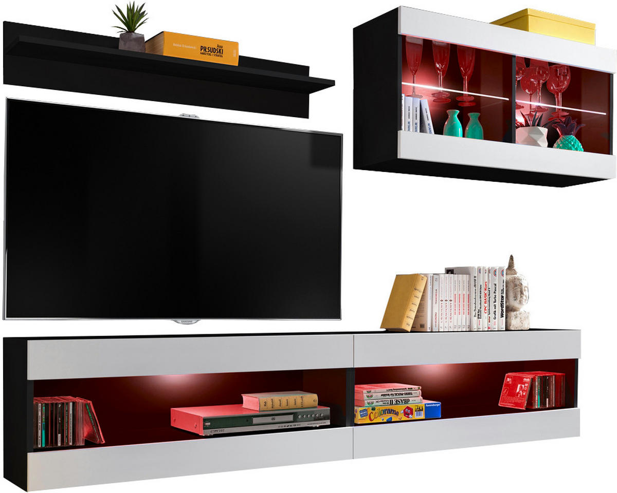 WOHNWAND 4-er Set, TIVOLI SET6 mit mehrfarbige LED RGB Beleuchtung Schwarz + Weiß, Offener Raum - Eiche Wotan/Weiß, Glas/Holzwerkstoff (240/195/35cm) - Komodee