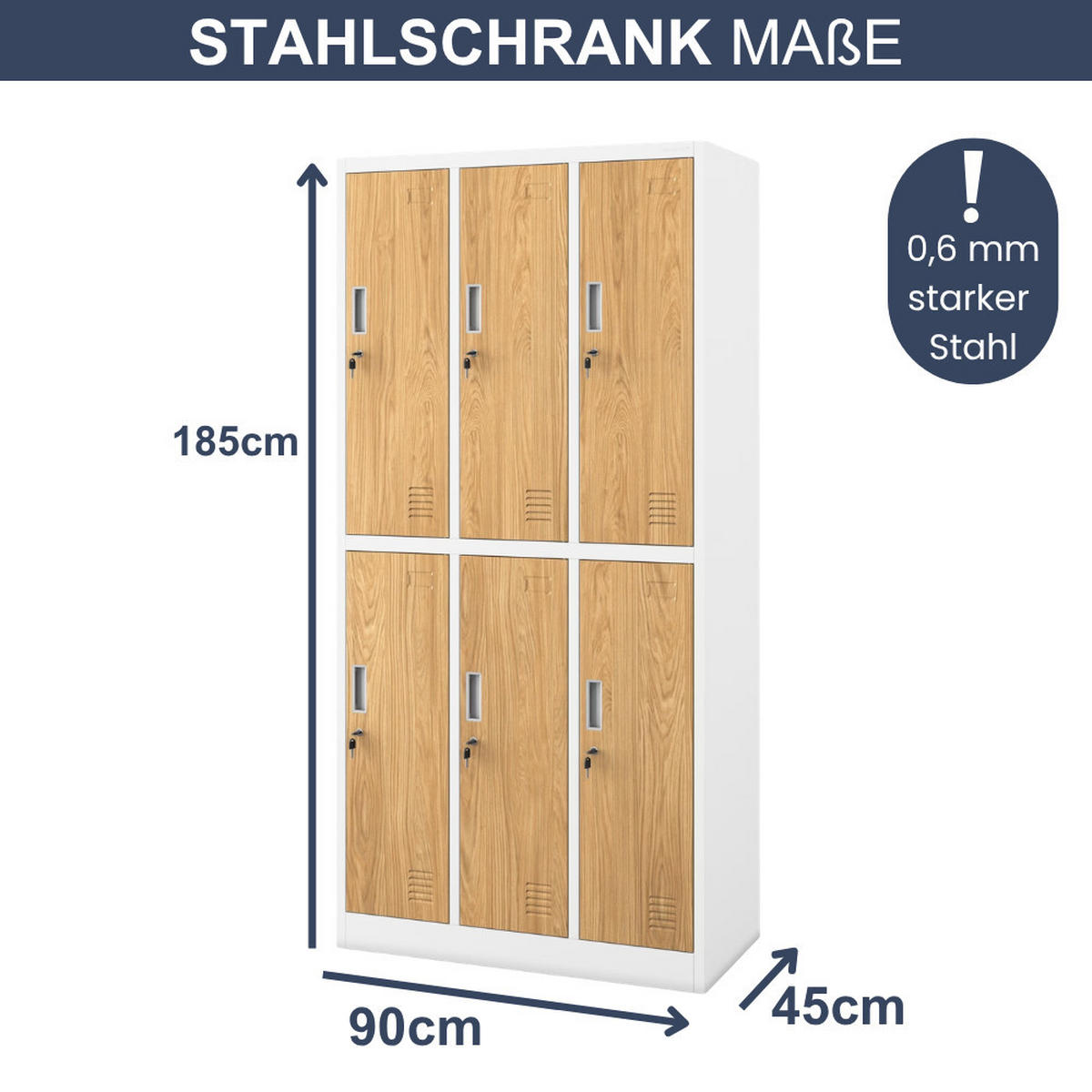 UMKLEIDESCHRANK Spind TOKIO 6 Abteile 185x90x45cm Weiß-Goldene Eiche - Weiß, Metall (90/185/45cm) - DELUKE