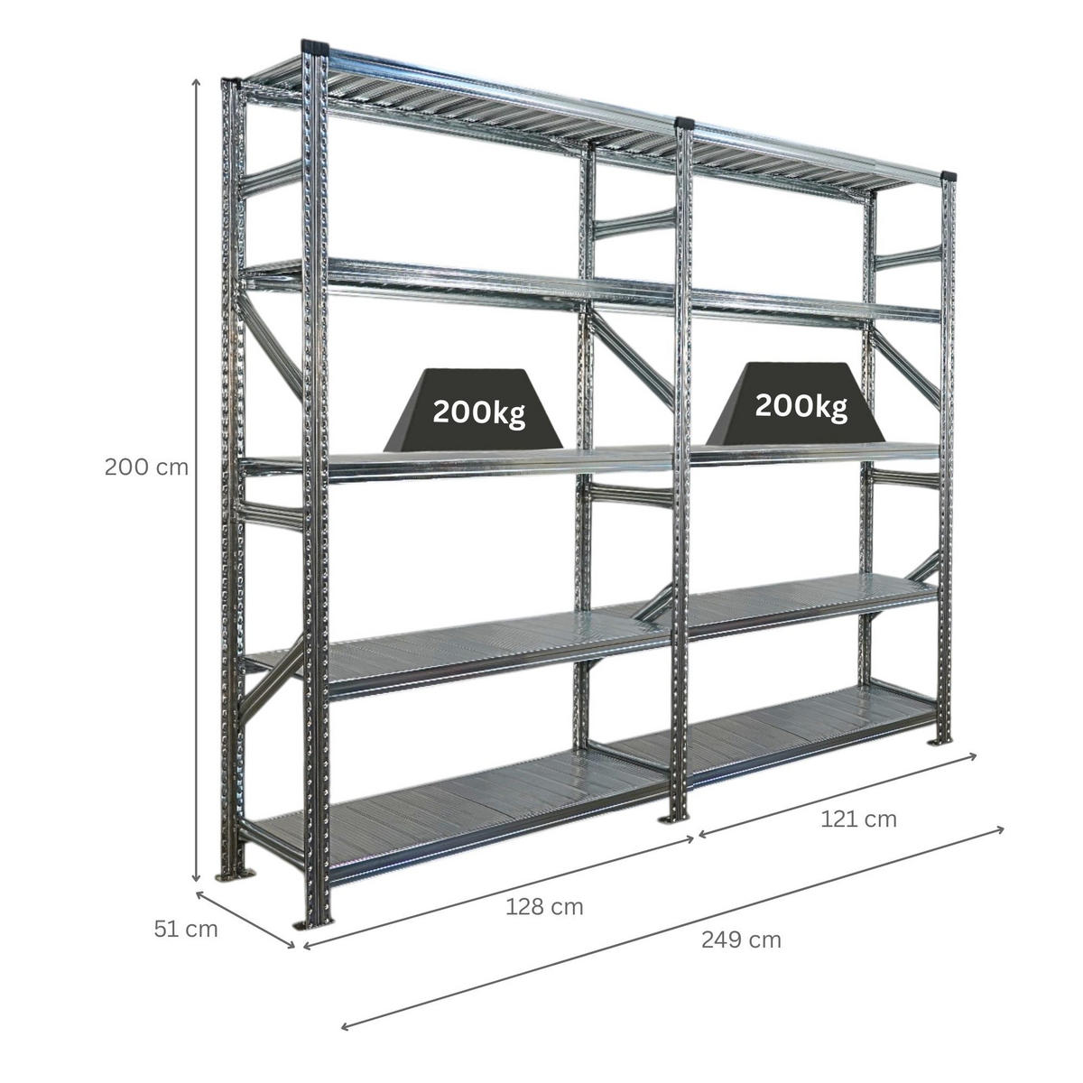 FACHBODENREGAL Proximo Stecksystem 200x240x50cm 5 Ebenen Fachlast 200 kg Beidseitig nutzbar Verzinkt - Silberfarben, Metall (240/200/50cm) - PROREGAL