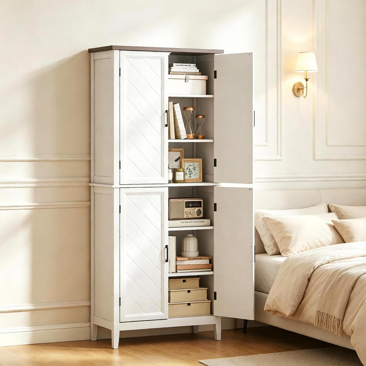 HIGHBOARD DE-38829 76/40/178,5 cm 4 Glastüren und 4 verstellbare Regale Weiß/Braun - Weiß, Holzwerkstoff (76/178.5/40cm) - ComfortXL