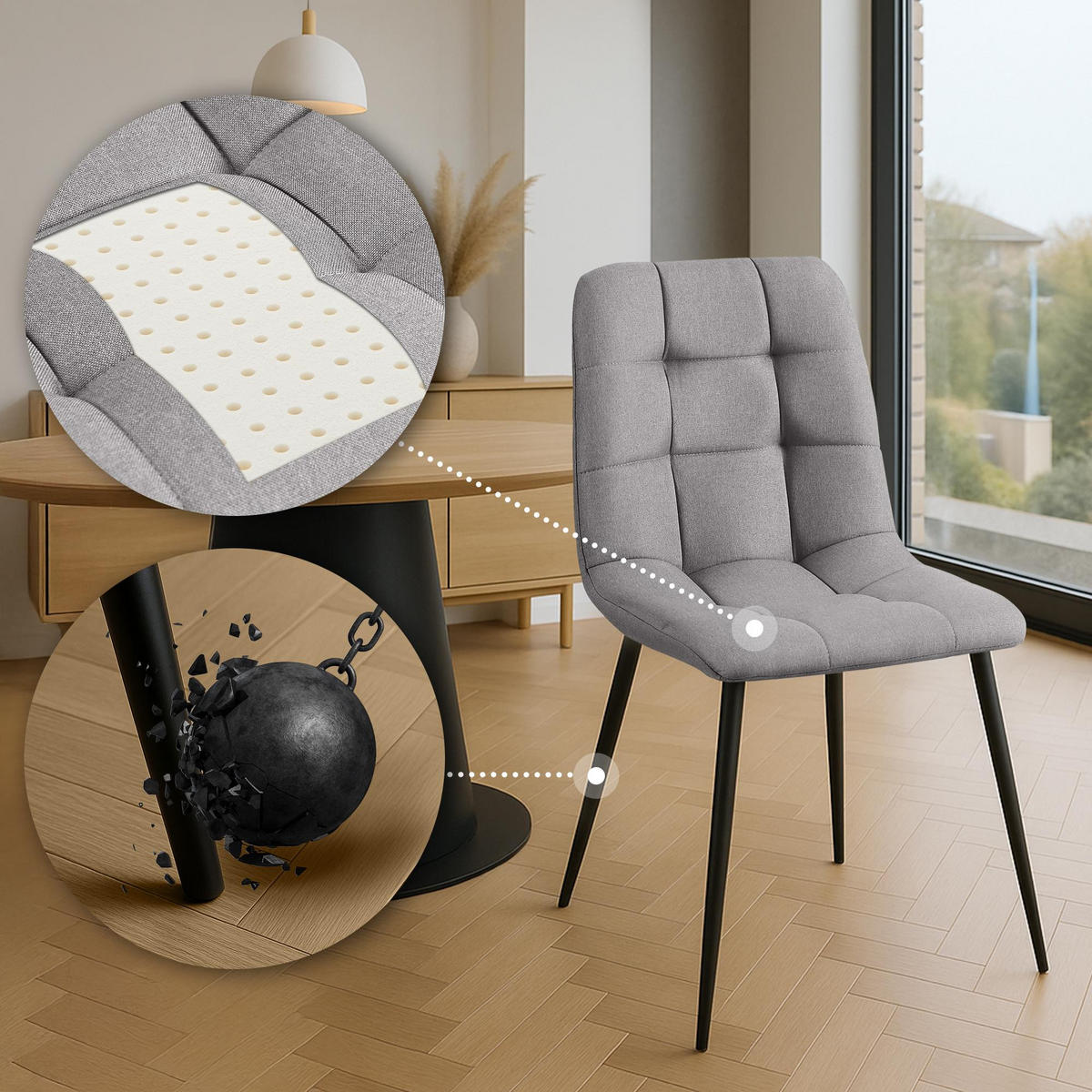 STUHL 4er Set Stoff Hellgrau - Hellgrau/Schwarz, Textil/Metall (45/84/55cm) - CLP