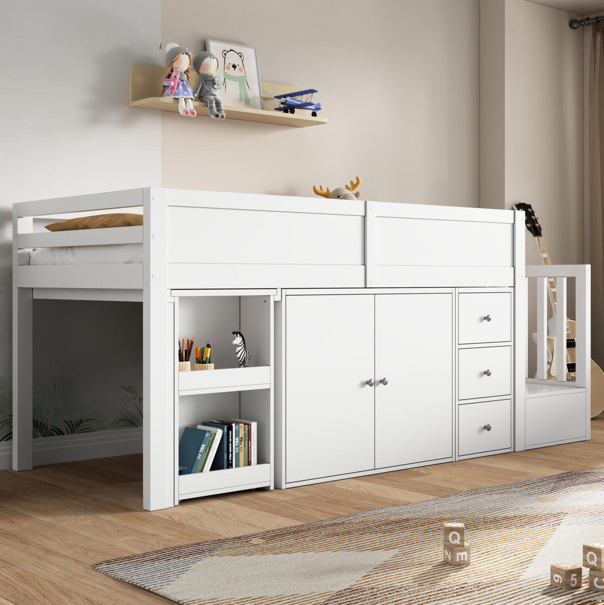 HOCHBETT mit ausziehbarem Schreibtisch und Stauraum 90x200 cm MDF Weiß - Weiß, Holzwerkstoff (90/200cm) - Beauniv