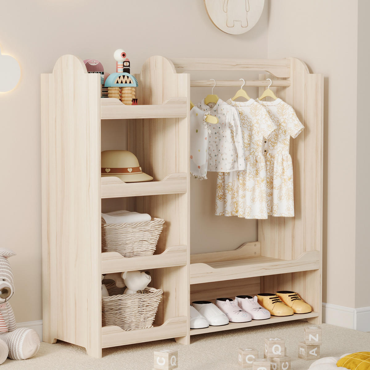 KINDER-GARDEROBE 110x39x110cm Naturholz mit Kleiderstange & 4 Regalen - Naturfarben, Holz (39/110/110cm) - FLIEKS