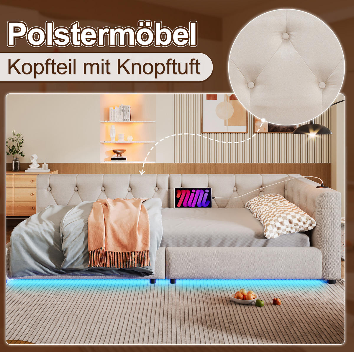 POLSTERBETT 90/200 cm Beige mit LED-Beleuchtung und USB- und Type-C-Anschlüssen - Beige, Textil (90/200cm) - Flora Grace