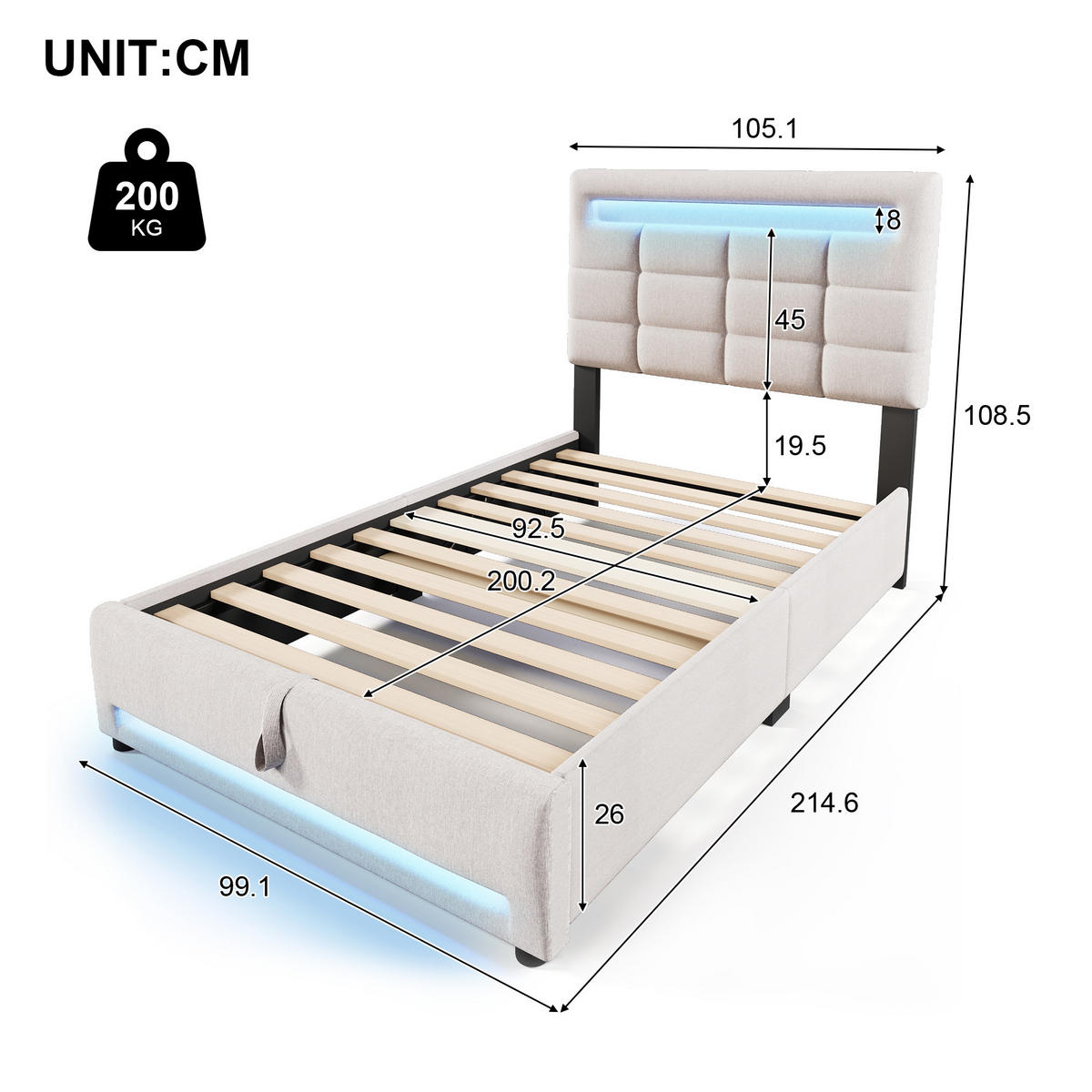 POLSTERBETT 90/200 cm mit Bettkasten, LED-Beleuchtung und USB in Beige - Beige, Textil (90/200cm) - BEAOK