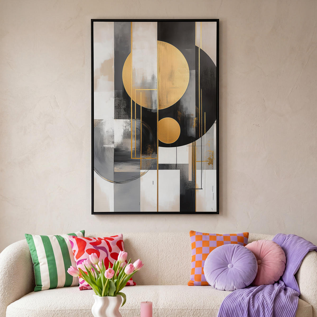 LEINWAND Bilder mit Rahmen - Abstrakt - Gold - Silber - Formen - Ästhetisch - Modern - 100x150 - Goldfarben, Textil (100/150cm) - MuchoWow
