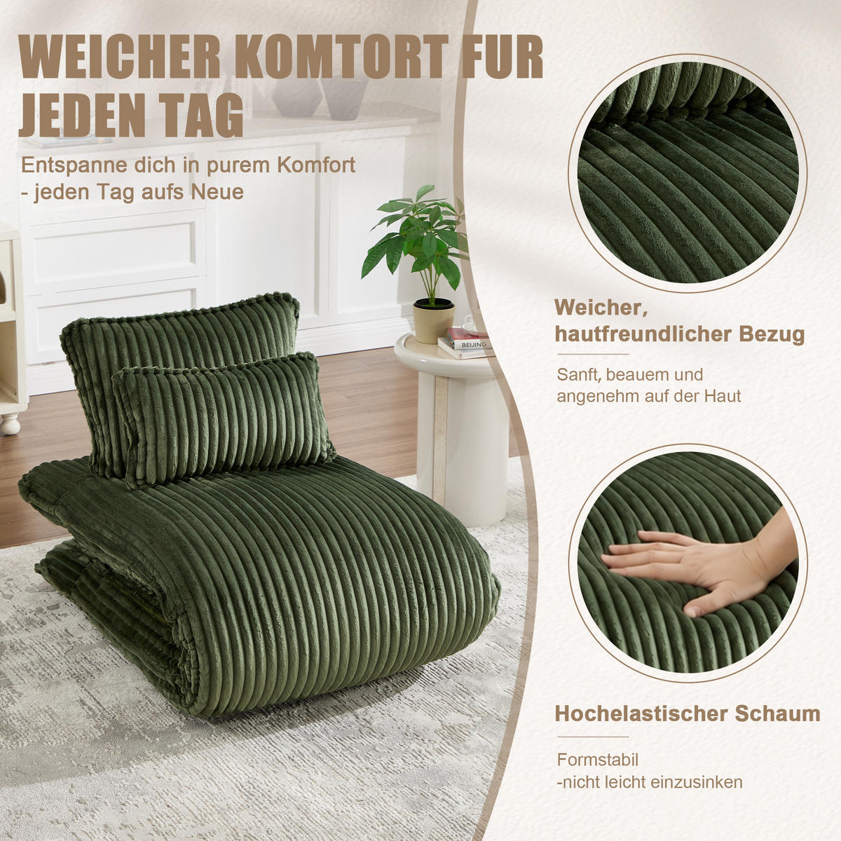 SCHLAFSESSEL 2-in-1, Cord, Metall--Rückenlehne, 227cm Länge, Grün - Grün, Textil/Metall (74.5/78.5/107cm) - LVHOM
