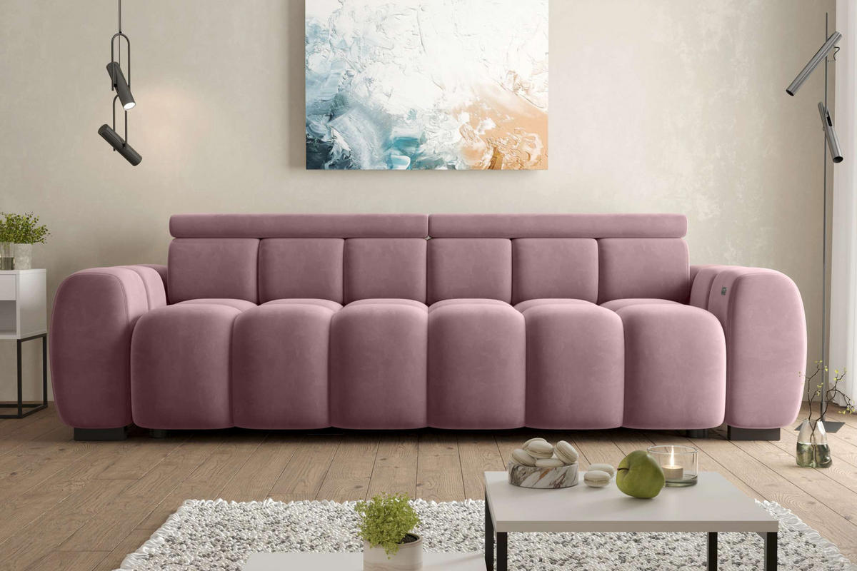 BIGSOFA ALESSIO Velours Rosa mit elektrischer Sitztiefenverstellung - Rosa, Kunststoff/Textil (248/77/108cm) - 99rooms