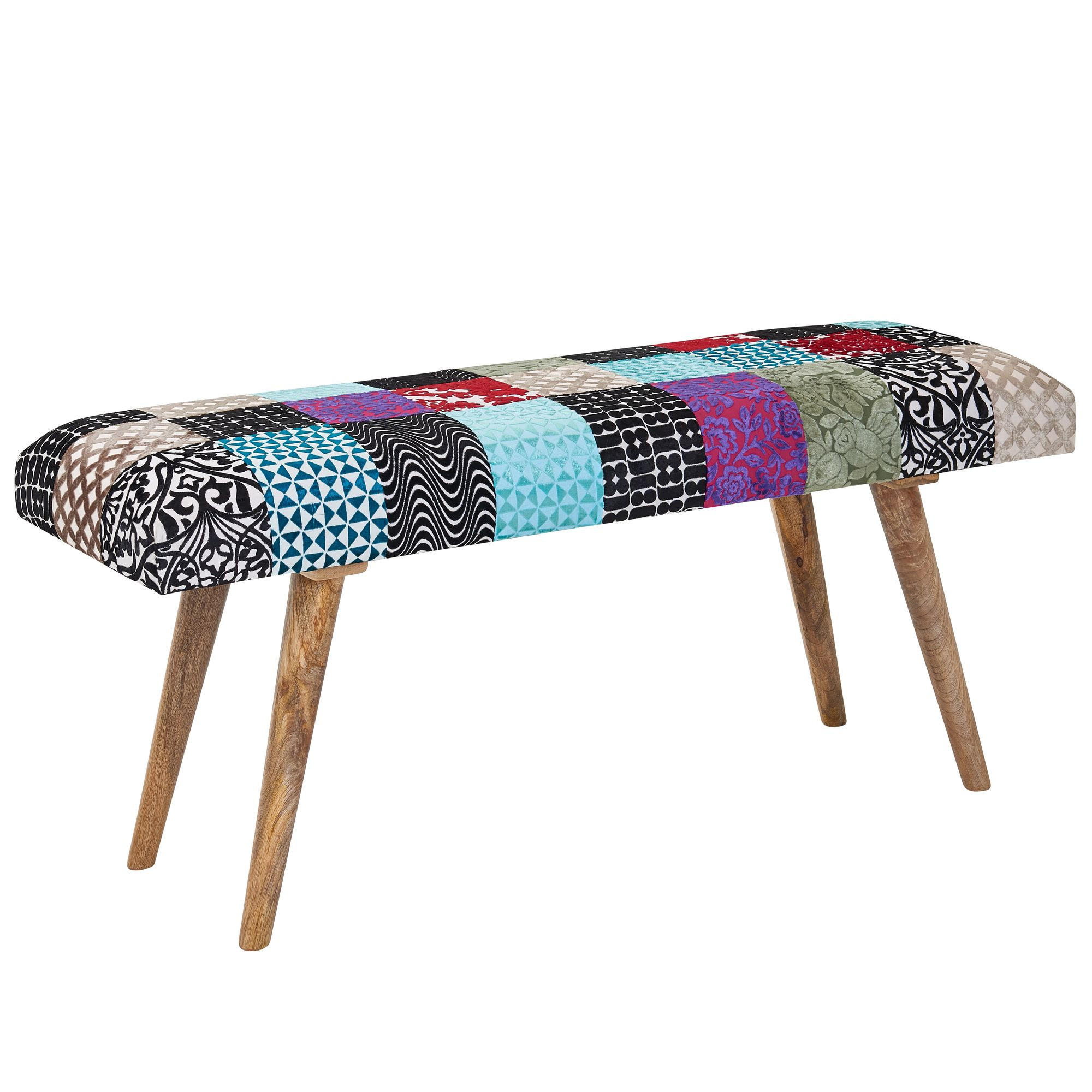 SITZBANK – Samt/Massivholz, 117x51x38 cm, Patchwork - Multicolor/Braun, Holz/Textil (117/51/38cm) - KADIMA DESIGN