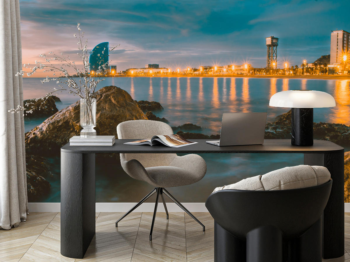 FOTOTAPETE für Wohnzimmer Barcelona Küste Nacht Meer Felsen 500x350 - Blau, Papier (500/350cm) - Muralo