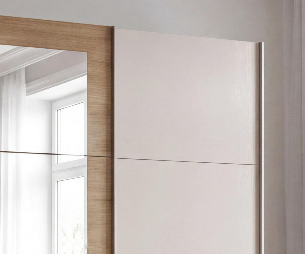 SCHWEBETÜRENSCHRANK 3-türig B270/H208/64 cm Kleiderschrank in Beige Grau, Spiegel umrahmt in Eiche Natur, Griffe Beige Grau / 22628 - Beige, Holzwerkstoff/Metall (270/208/64cm) - luma-home