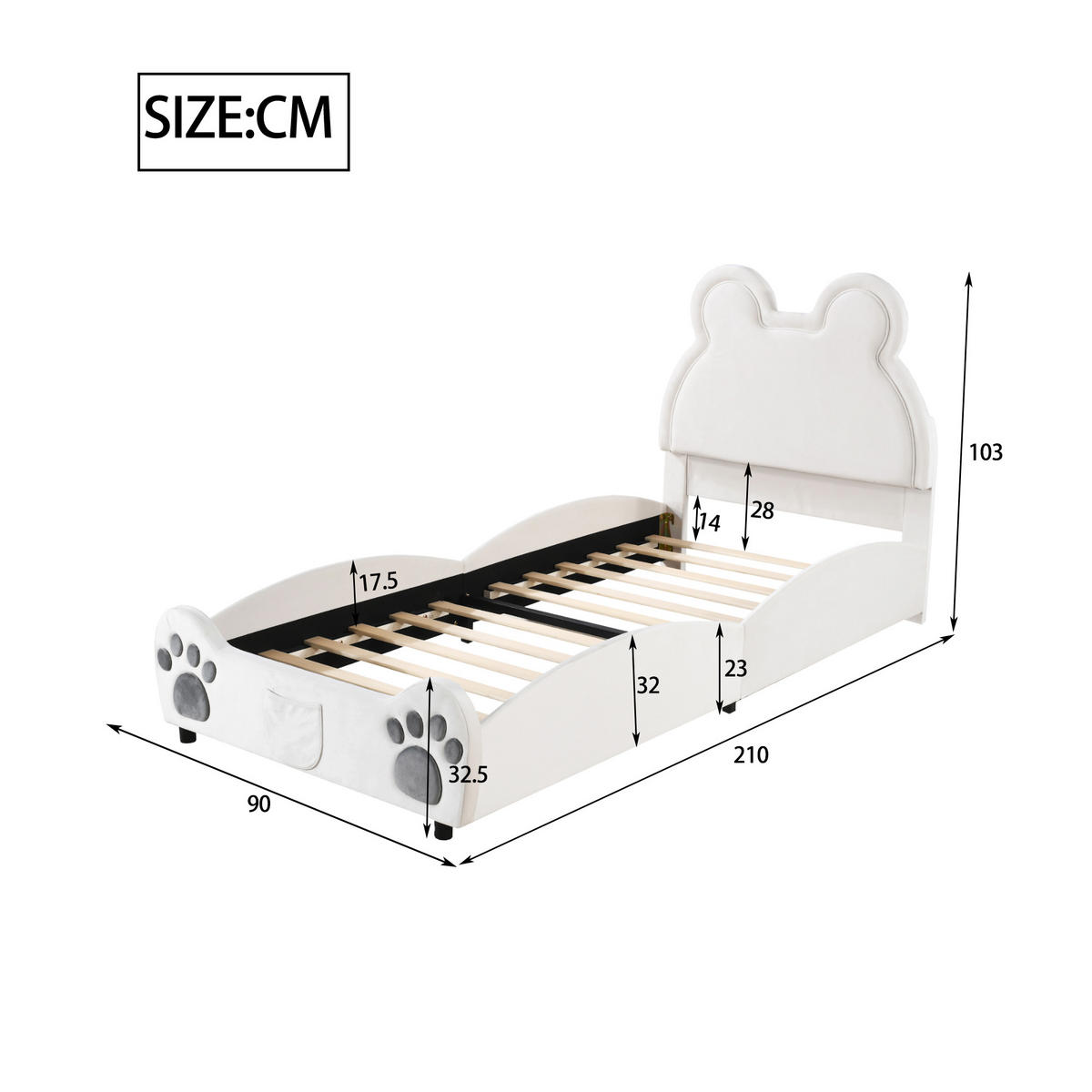 KINDERBETT Bärenform 90/200 cm weiß aus Samt - Weiß, Textil (90/200cm) - OKWISH