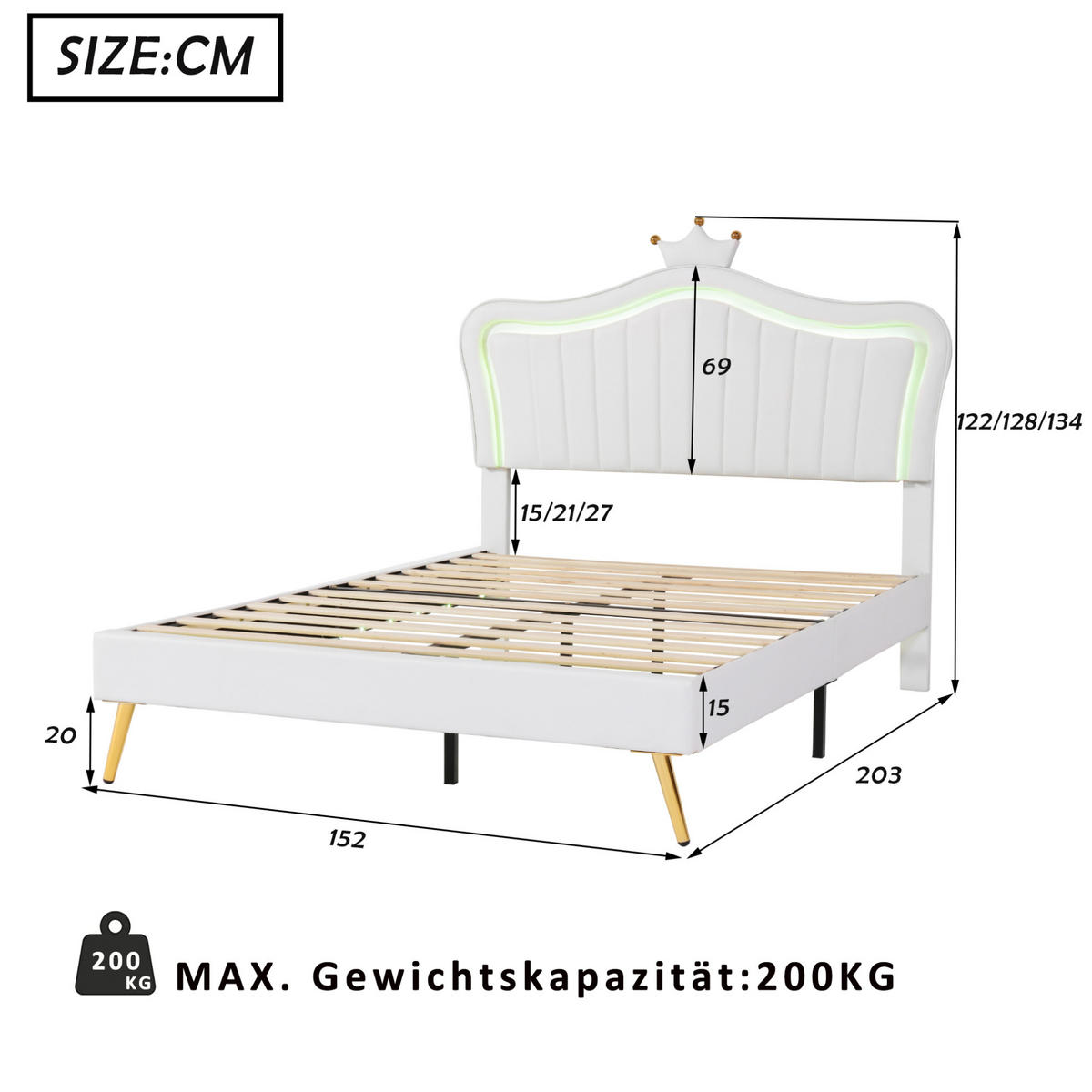 POLSTERBETT 140/200 cm weiß mit LED-Beleuchtung und Kronen-Kopfteil - Weiß, Textil (140/200cm) - OKWISH