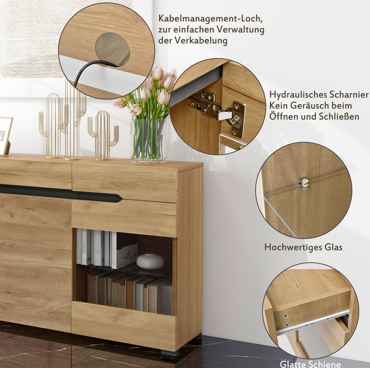 SIDEBOARD 140/35/80 cm in Eichefarben mit 3 Türen, 3 Schubladen und LED-Beleuchtung - Naturfarben, Holzwerkstoff (140/80/35cm) - Flora Grace