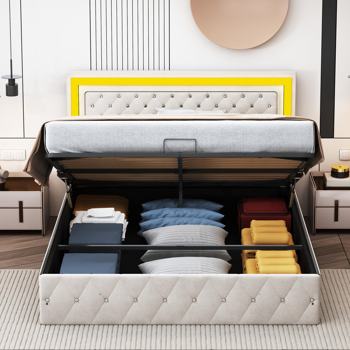 POLSTERBETT 140x200 cm Beige mit höhenverstellbarem Kopfteil, Doppelbett mit Lattenrost - Beige, Holz/Metall (140/200cm) - PARAFTA HOME