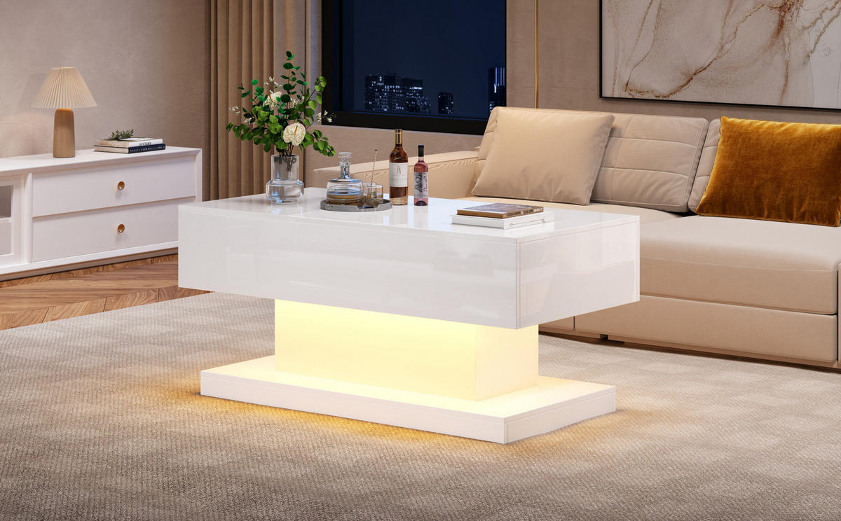 KONFERENČNÍ stolek z dřevotřísky, 100/50/45 cm bílý, s LED osvětlením a zvedací deskou - bílá, kompozitní dřevo (100/50/45cm) - BEAOK