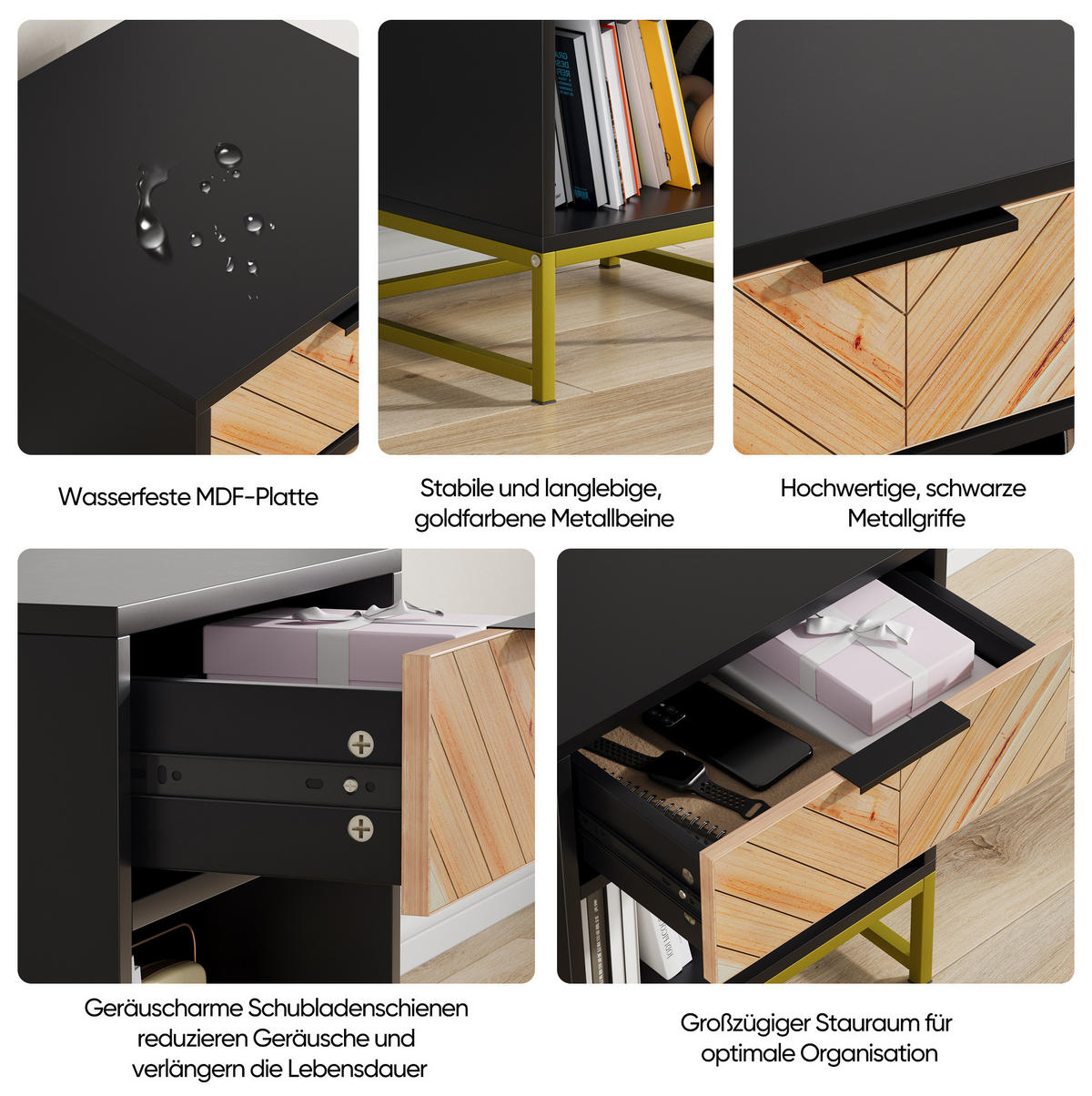 NACHTTISCH aus MDF 43x40x55 cm Schwarz/Natur mit Schublade und offenem Fach im Mid-Century-Stil - Schwarz, Holzwerkstoff (43/55/40cm) - Modfu