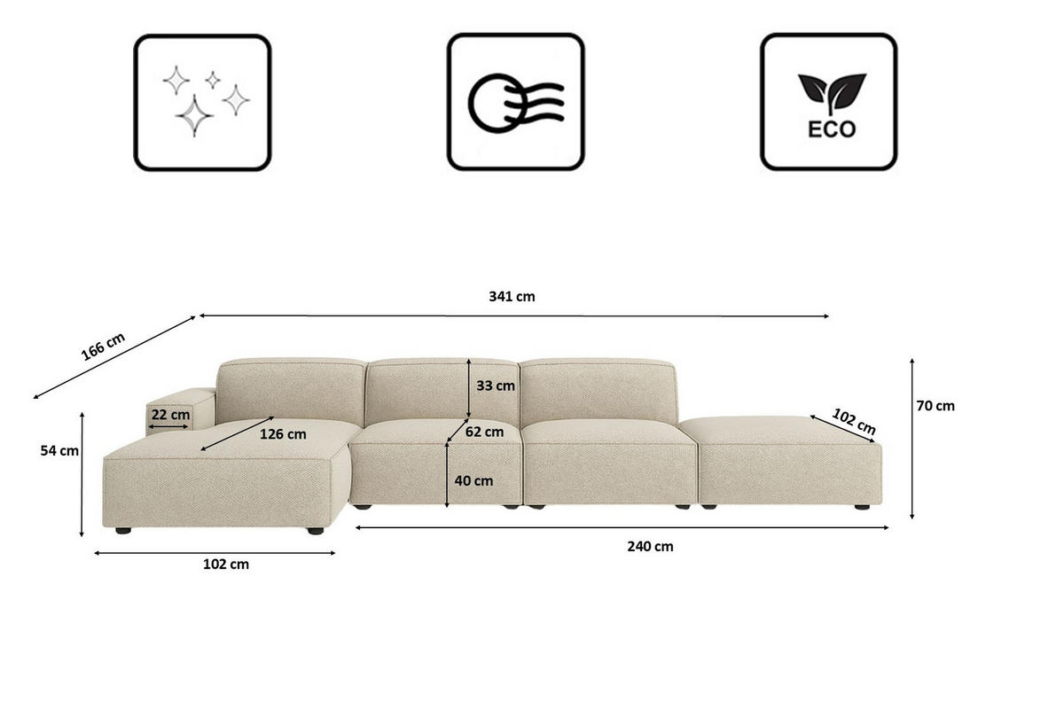 ECKSOFA Cursal L-Form, Stoff Artico, Nata + Hocker, Links - Beige, Holz (341/166cm) - Kaiser Möbel