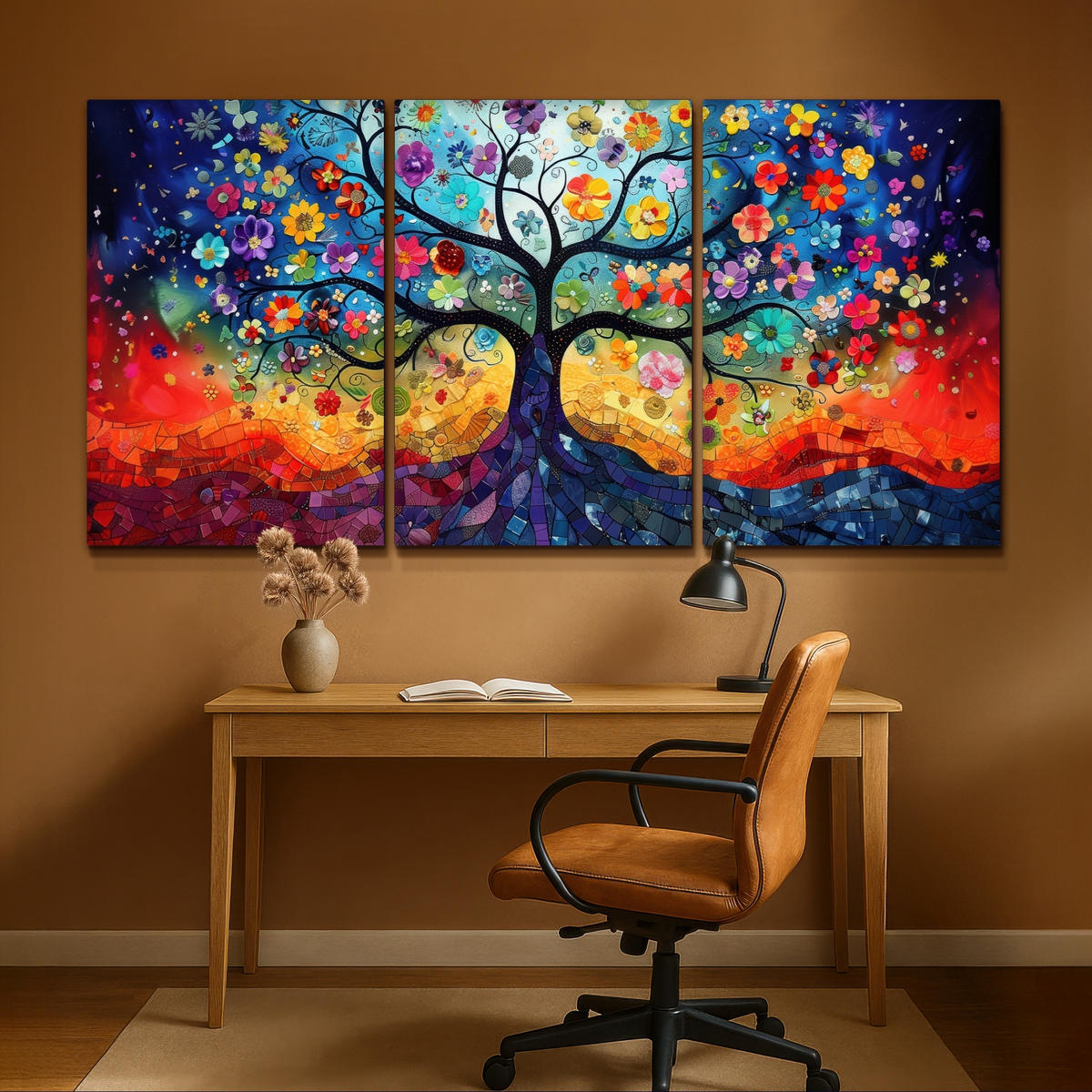 LEINWANDBILD 3er Set Bunt - Baum des Lebens - Blumen - Abstrakt 240x120 cm - Blau, Textil (240/120cm) - MuchoWow