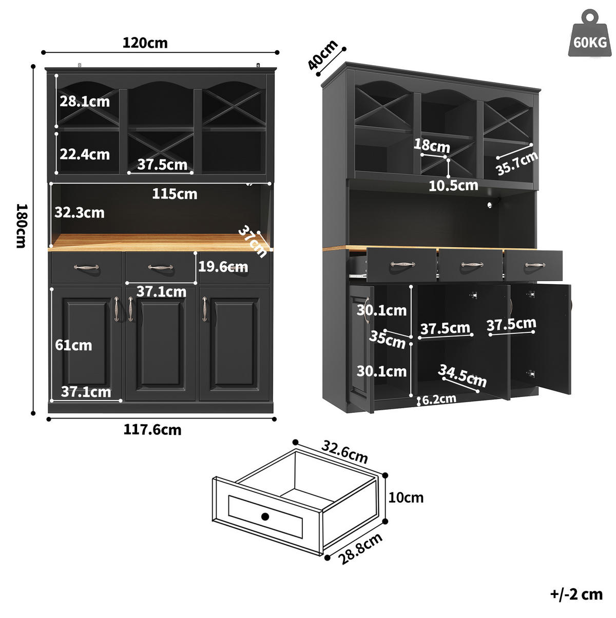 KUHINJSKA omara 120/40/180 cm z LED osvetlitvijo, 3 vrati in 3 predali, Črna - črna, leseni material (120/180/40cm) - Redom