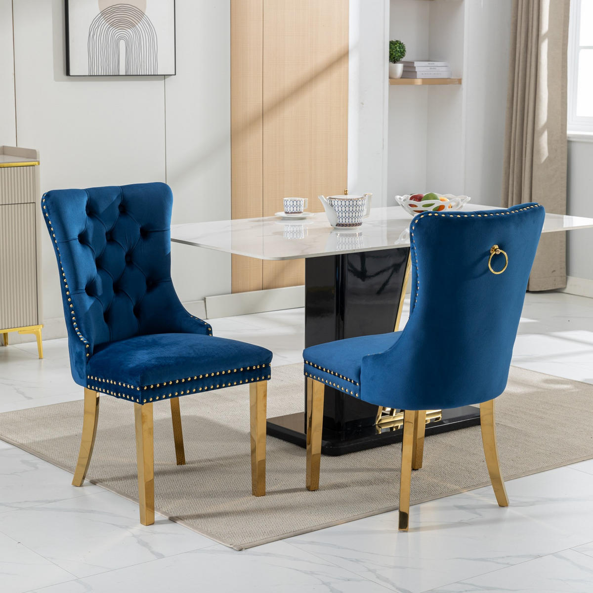 STUHL-SET DE-36289 2 Stück mit goldenen Beinen Blau - Blau, Holz (50/95/65cm) - ComfortXL