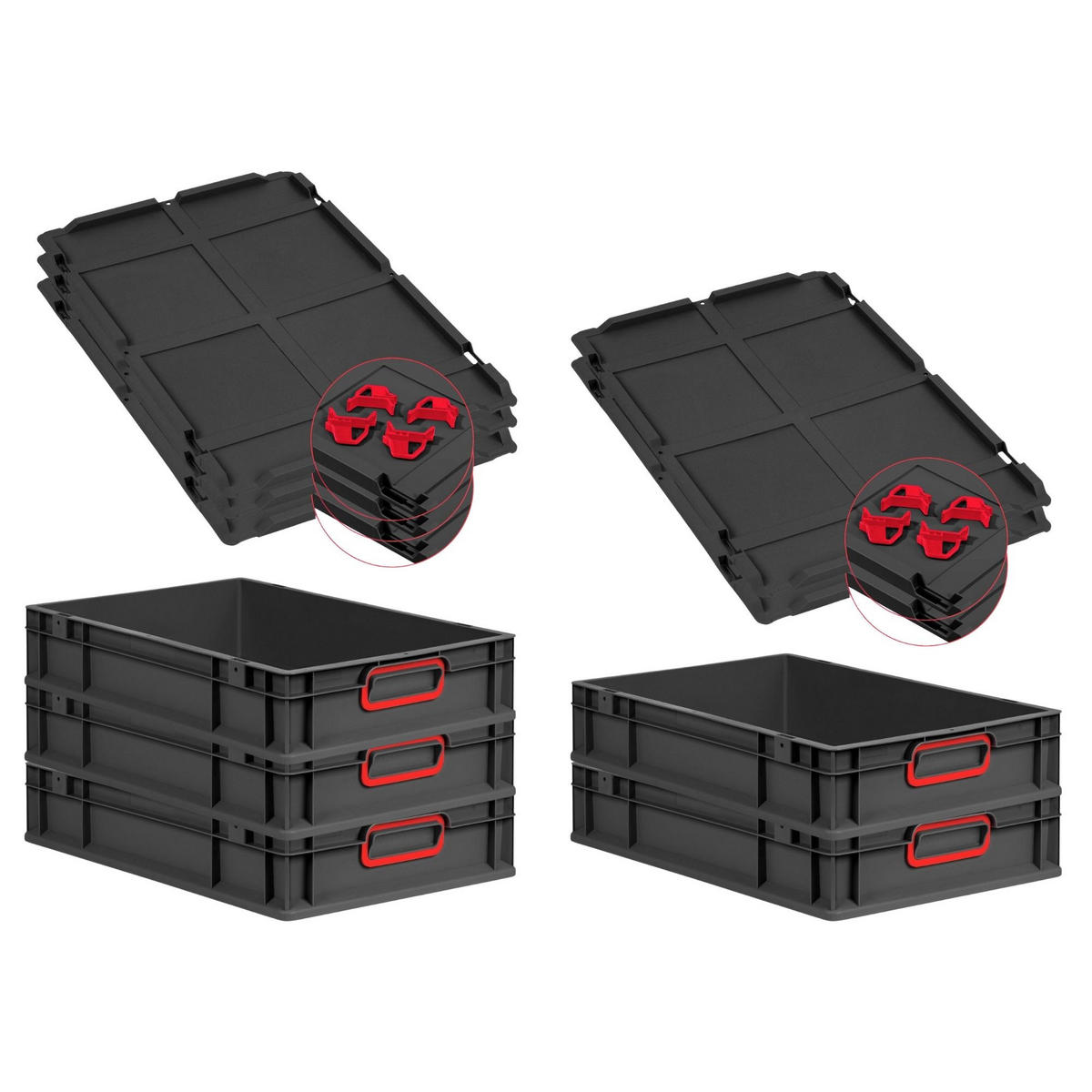 EUROBOX 5x NextGen Color mit Auflagedeckel 12x40x60 cm 23 Liter Schwarz Griffe rot zu - Rot/Schwarz, Kunststoff (40/12/60cm) - PROREGAL