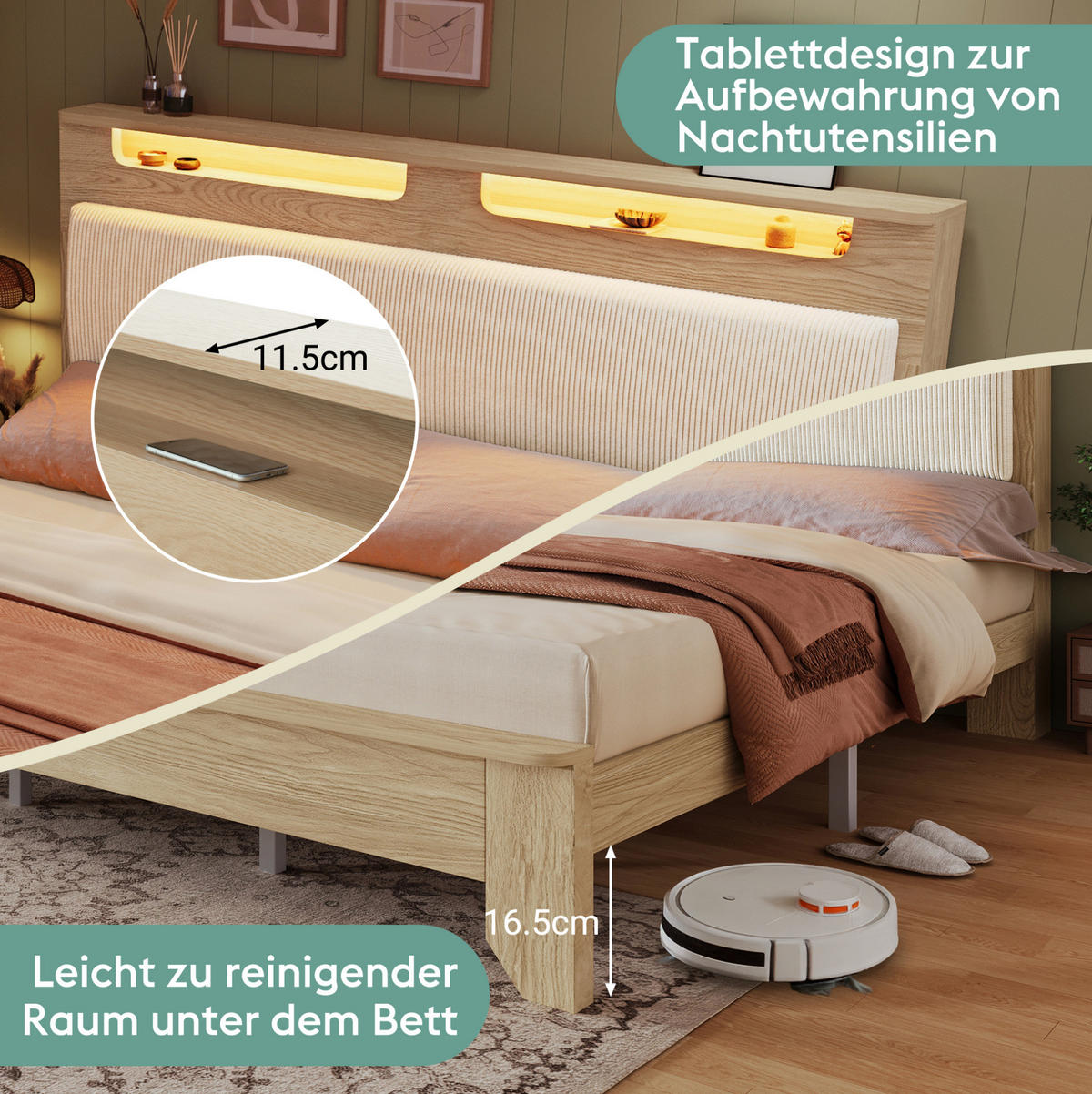 POLSTERBETT aus Cordstoff 140x200 cm in Beige mit LED & Matratze - Beige, Textil (140/200cm) - Modfu