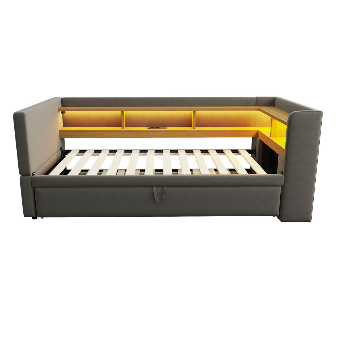 POLSTERBETT aus Flanell 90/180x190 cm Dunkelgrau mit LED-Beleuchtung, Steckdosen und Ablagefächern - Dunkelgrau, Textil (90/190cm) - Modfu