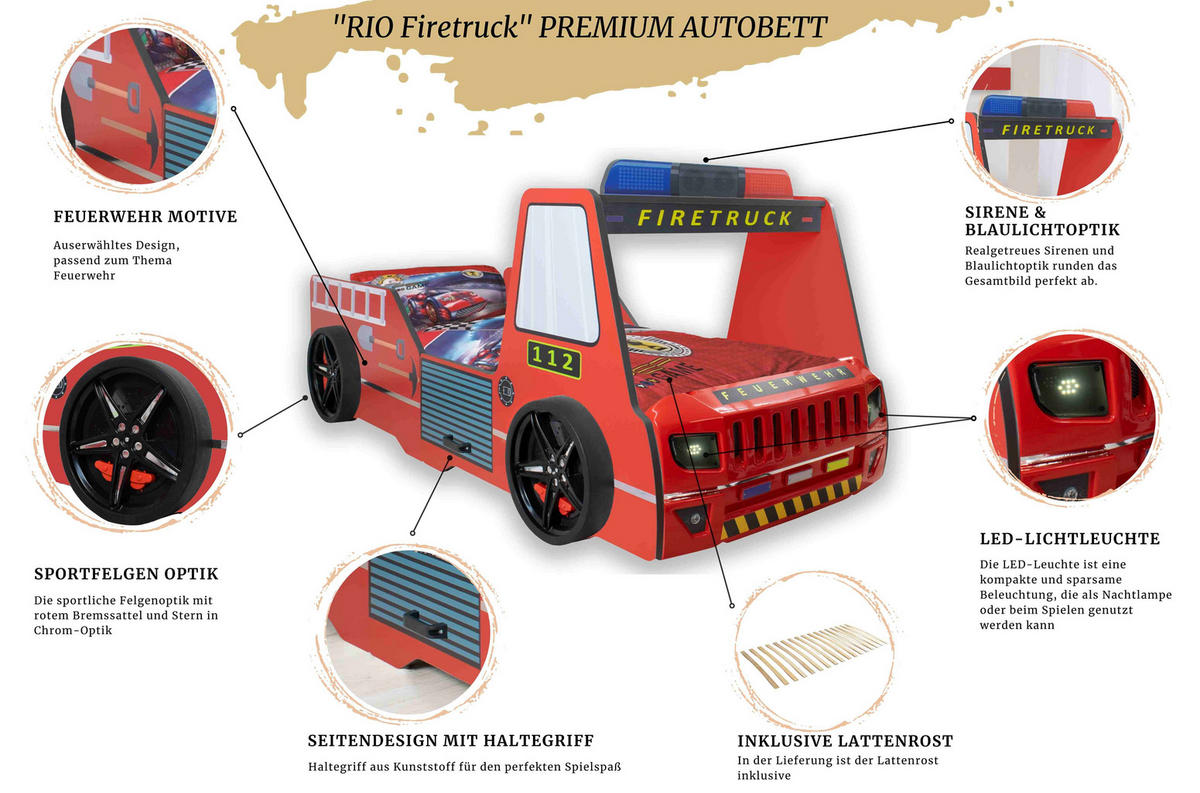 AUTOBETT Firetruck für Kinder 90x200 mit LED Leuchte und Lattenrost - Rot, Holzwerkstoff (90/200cm) - Aileenstore