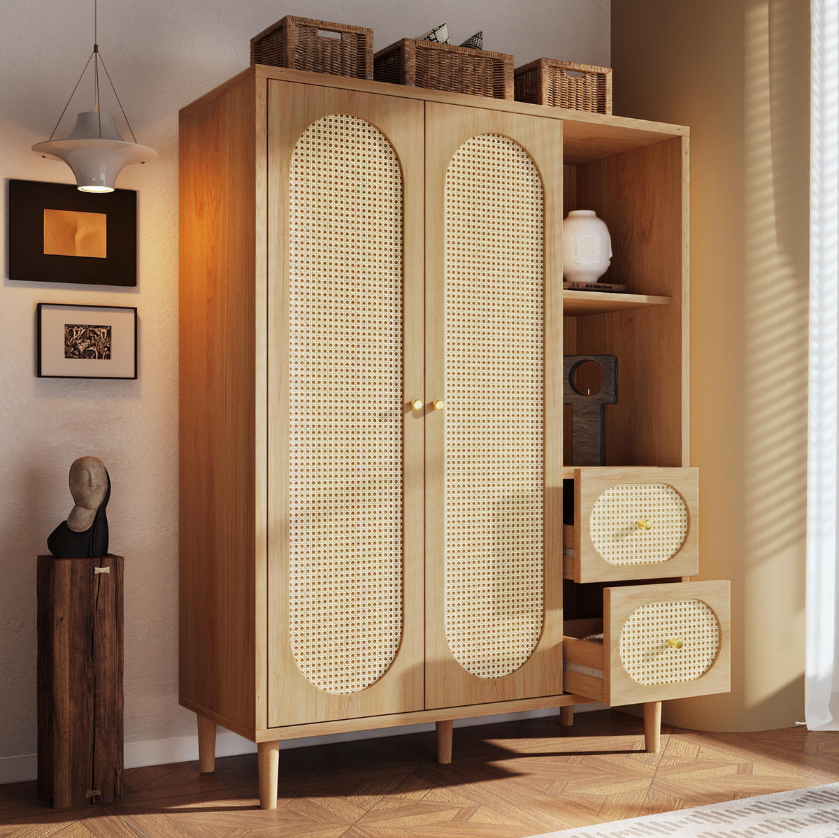 KLEIDERSCHRANK aus Holz 44x120x161 cm Eiche mit 2 Türen, 2 Schubladen, Kleiderstange und offenen Fächern im Landhausstil - Nussbaumfarben, Holzwerkstoff (120/161/44cm) - Modfu