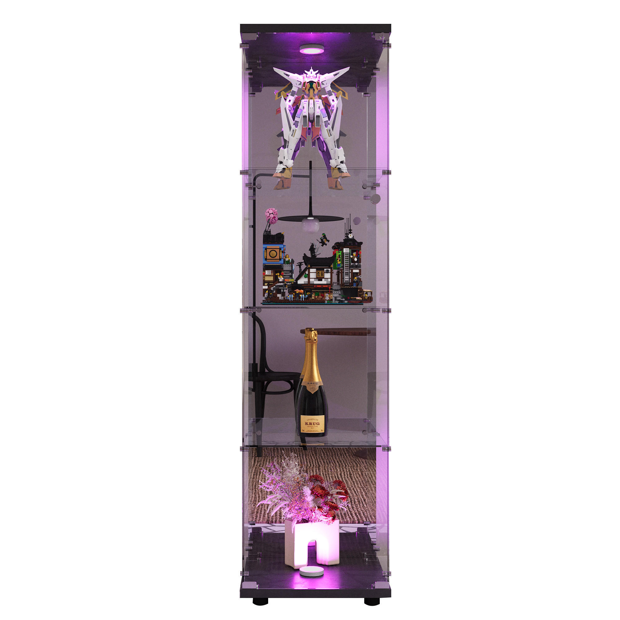 VITRINE,TRANSPARENT, 4-stufig, mit LED-Beleuchtung, schwarzer Rahmen, abschließbare Tür - Schwarz, Glas (42.5/164/36.5cm) - Joyfair