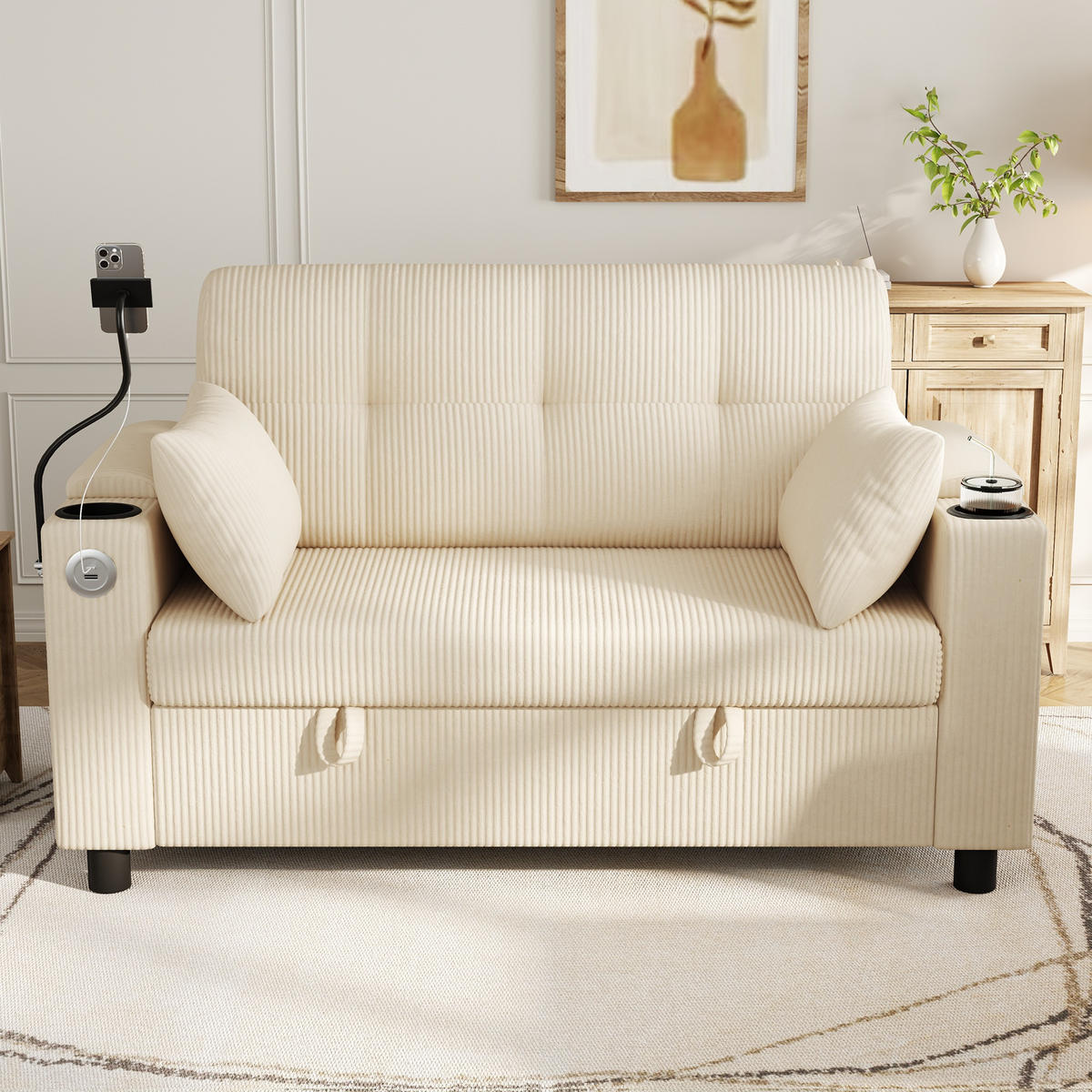 2-SITZER-SOFA mit Stauraum und USB-Anschluss, DE-42485, Beige - Beige, Holzwerkstoff (136.5/83.6/79.5cm) - ComfortXL