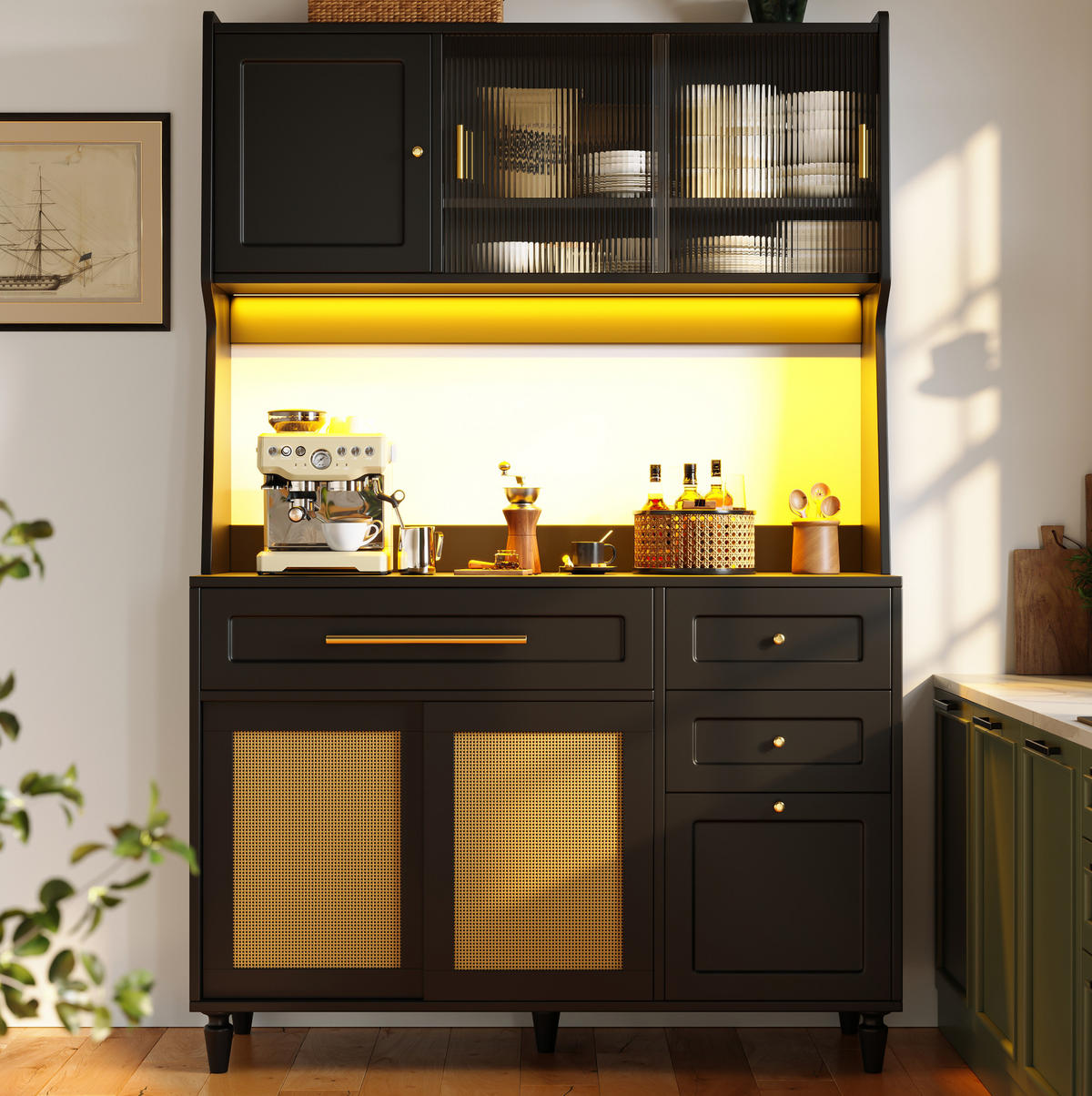 HOCHSCHRANK mit LED 120 x 45 x 195,5 cm Schwarz 3 Schubladen - Schwarz, Holzwerkstoff (45/195.5/120cm) - Meubliv