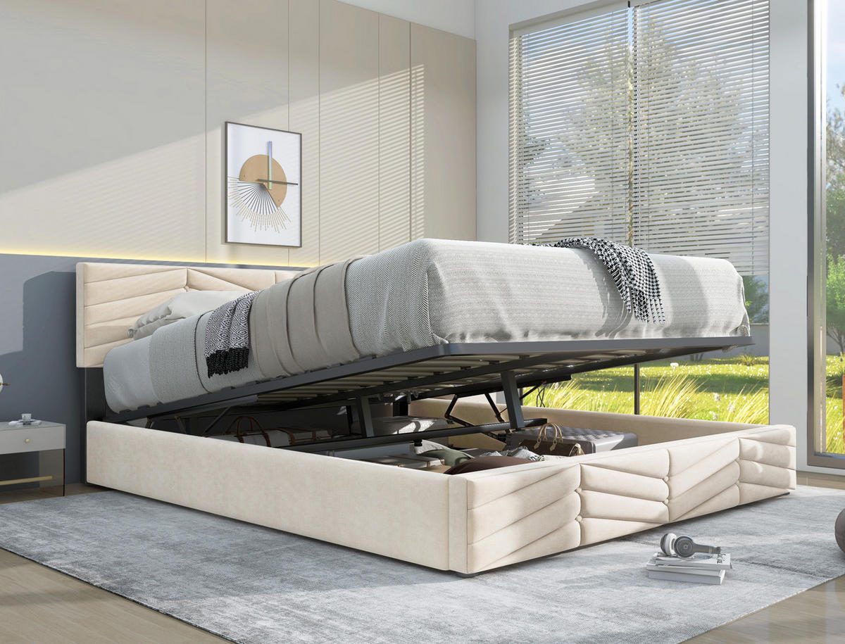 OBLAZINJENA postelja 140/200 cm z nastavljivim vzglavjem, letvenim dnom in žametno prevleko, Bež - bež, tekstil (140/200cm) - Redom
