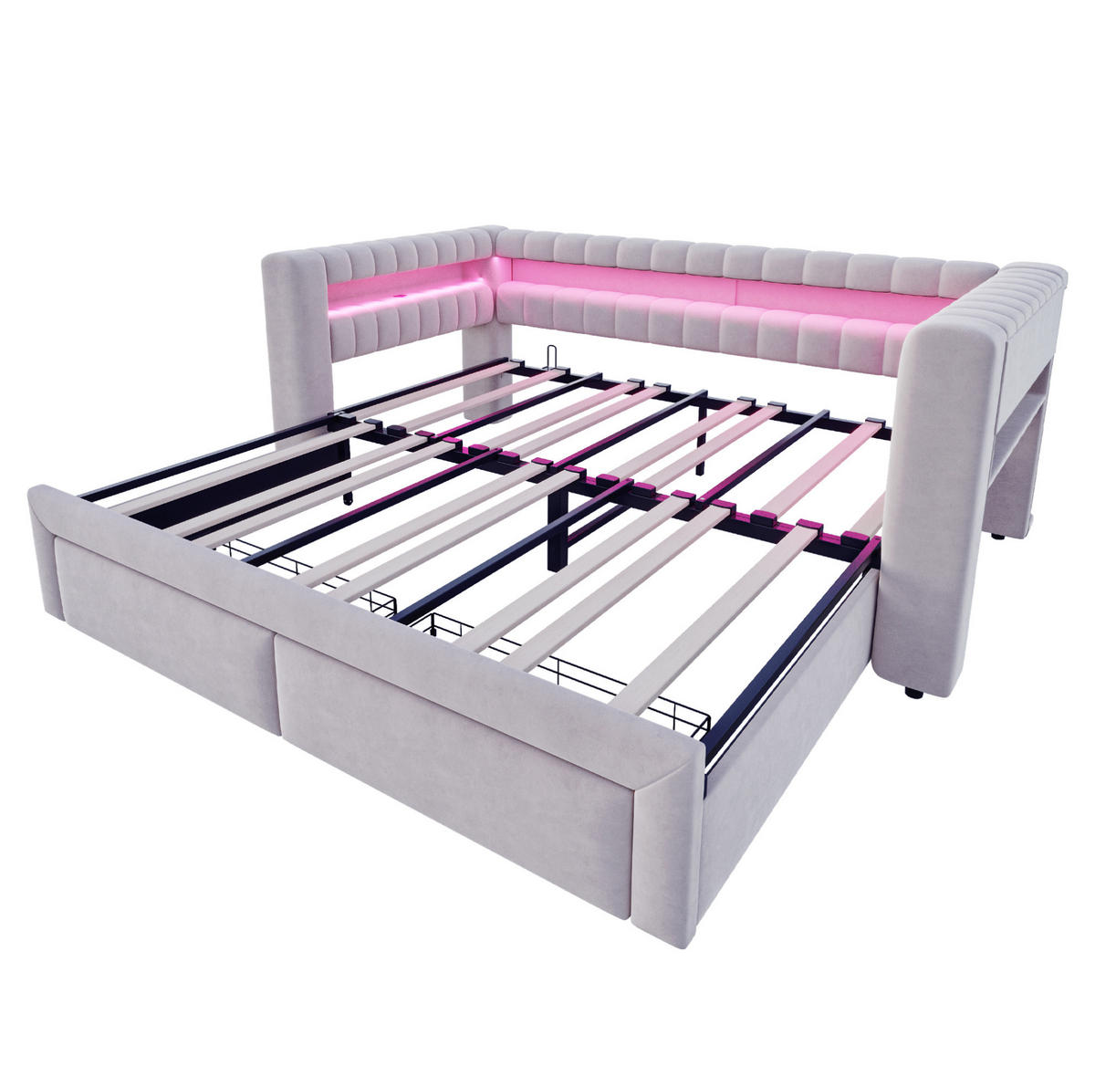ČALOUNĚNÁ rozkládací postel 90/190 cm s přistýlkou, zásuvkami, LED, USB a úložným prostorem, samet, Světle šedá - světle šedá, textil (90/190cm) - Redom