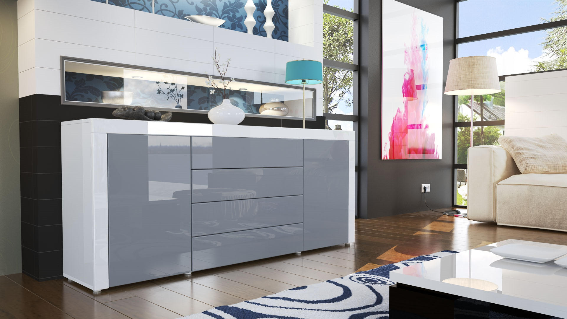 SIDEBOARD La Paz Grau Hochglanz / Weiß Hochglanz - Grau, Holzwerkstoff (167/72/35cm) - Vladon