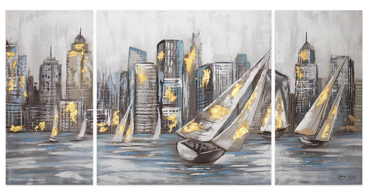 LEINWANDBILD 3-TEILIG Gelb 140/70 cm - Gelb/Grau, Textil (140/70cm) - KUNSTLOFT